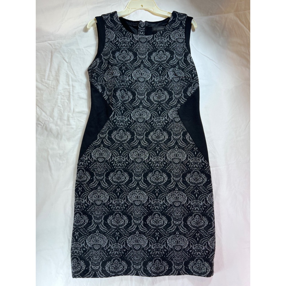 Grace Elements Womens Metallic Jacquard Sheath Dress Black Silver Damask Size 8